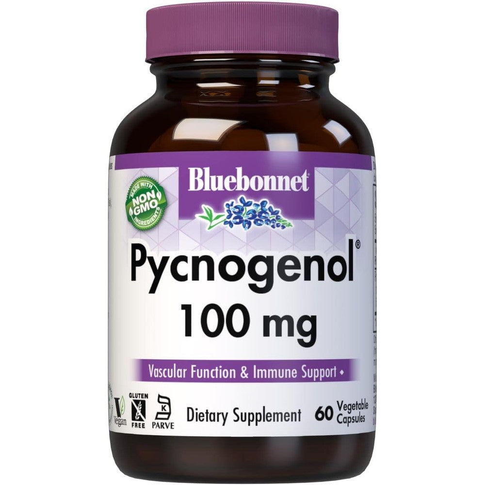 Bluebonnet Pycnogenol 100mg 60 Vegan Capsules front bottle view for vascular health support.