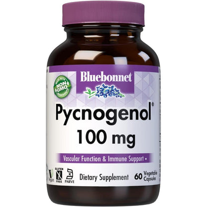 Bluebonnet Pycnogenol 100mg 60 Vegan Capsules front bottle view for vascular health support.