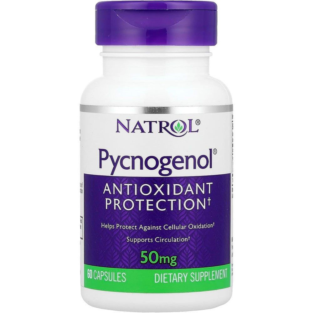 Natrol Pycnogenol 50mg 60 capsules front label view showing premium antioxidant protection