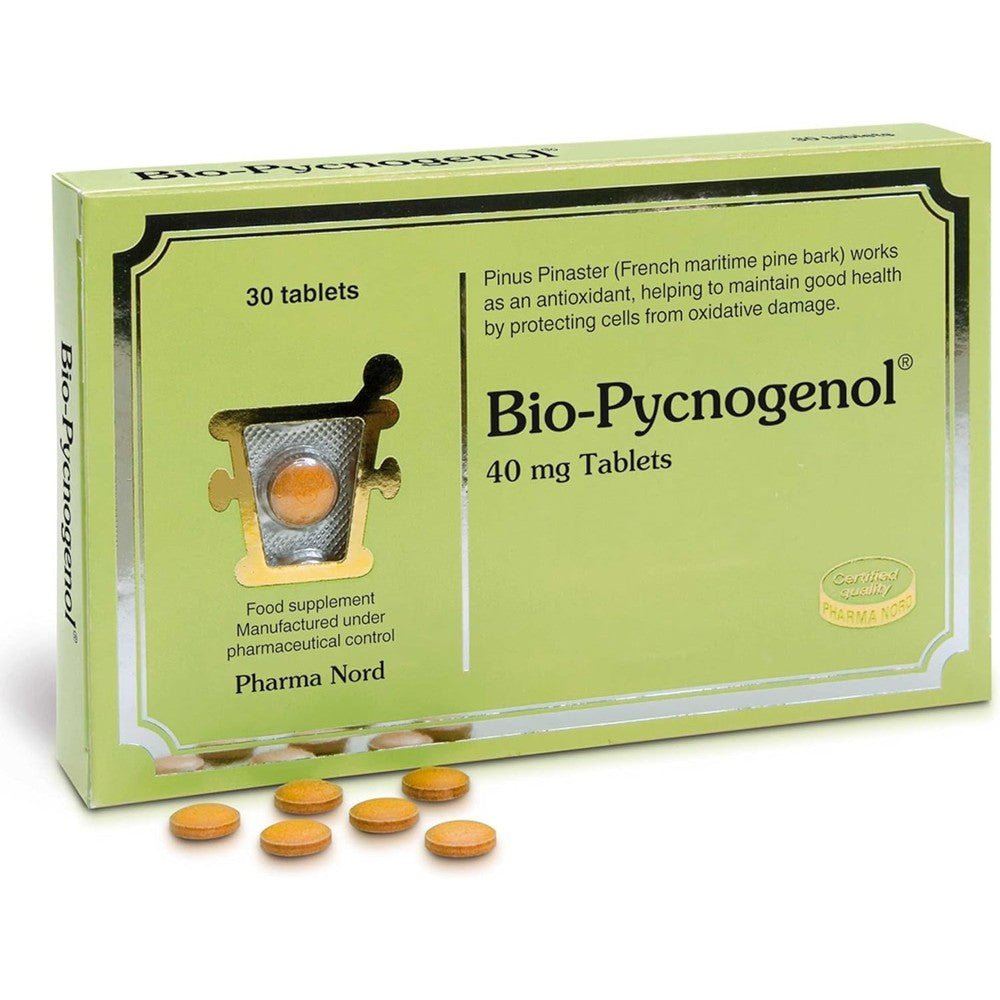 Pharma Nord Bio-Pycnogenol 30 Tablets front view showcasing authentic antioxidant health supplement packaging.