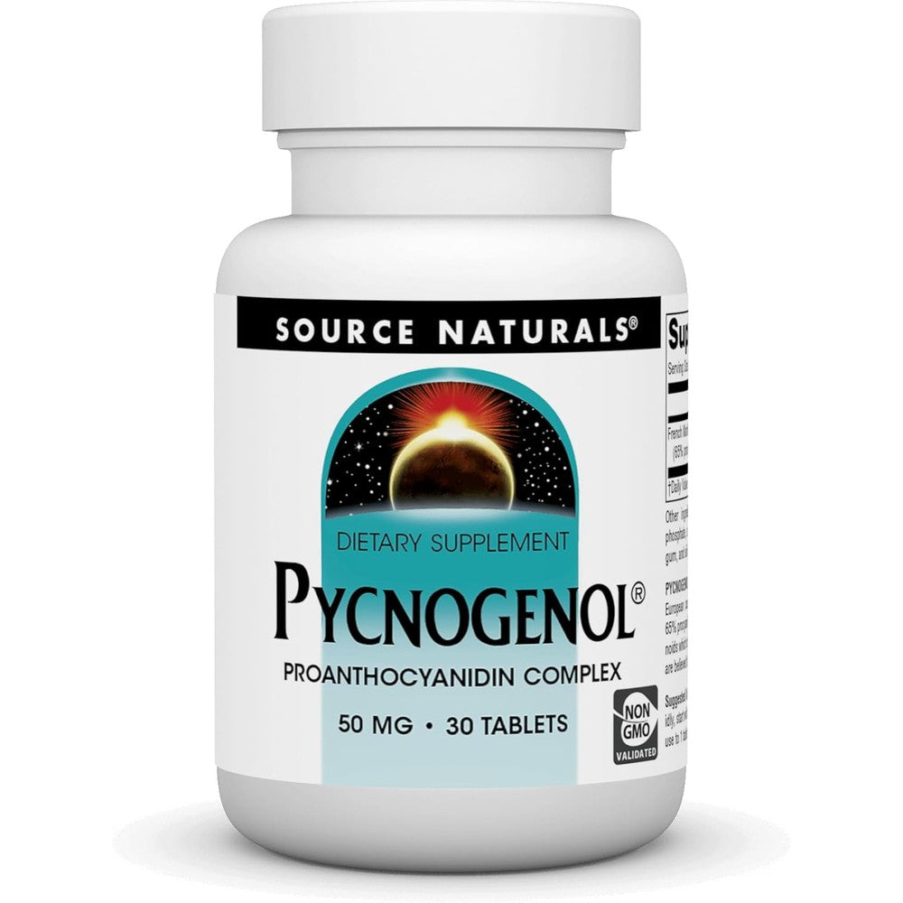 Source Naturals Pycnogenol 50 mg 30 Tablets front label view showing pine bark antioxidant formula.