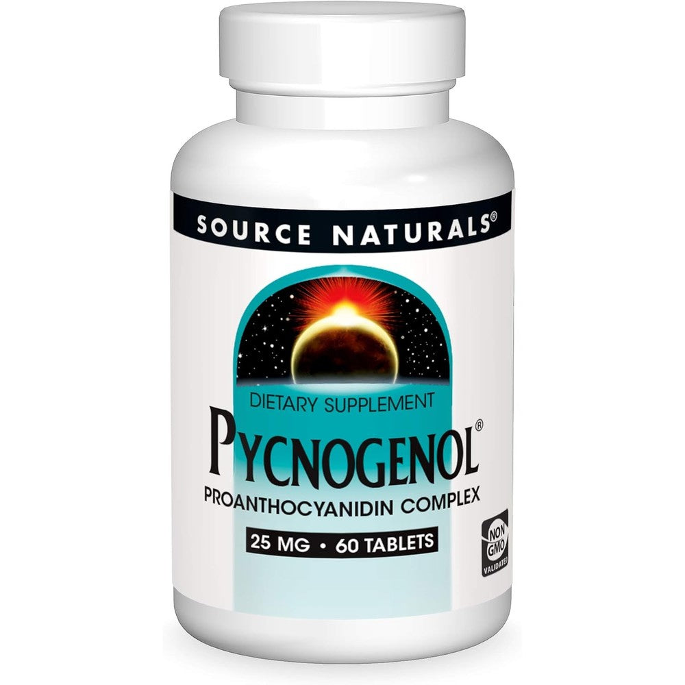 Source Naturals Pycnogenol 25 mg 60 Tablets front view showing packaging details.