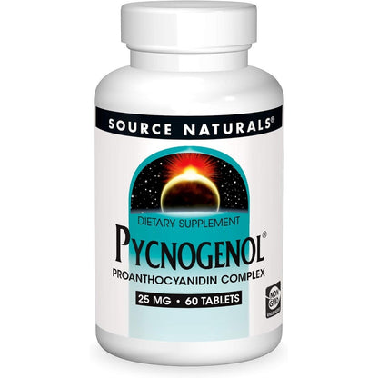 Source Naturals Pycnogenol 25 mg 60 Tablets front view showing packaging details.