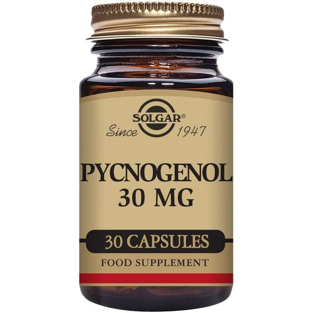 Solgar Pycnogenol 30 Mg Vegetable Capsules amber bottle front view for premium antioxidant support.