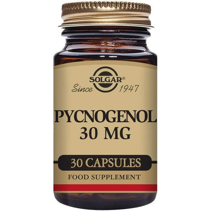 Solgar Pycnogenol 30 Mg Vegetable Capsules amber bottle front view for premium antioxidant support.