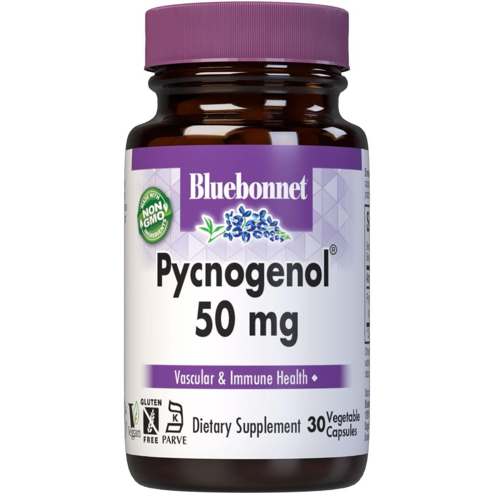BlueBonnet Nutrition Pycnogenol 50 mg 30 vegetable capsules front view for vascular health