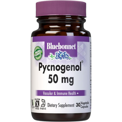 BlueBonnet Nutrition Pycnogenol 50 mg 30 vegetable capsules front view for vascular health