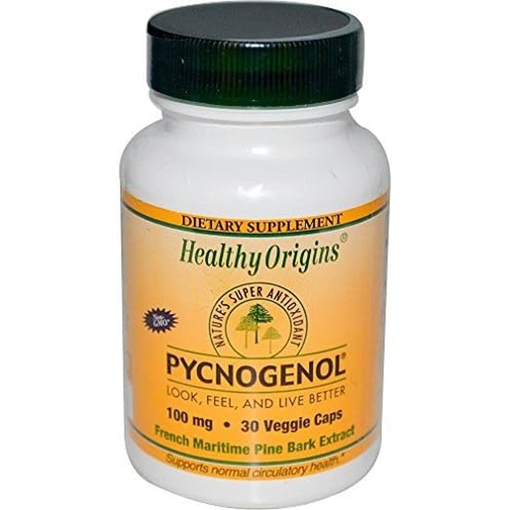 Healthy Origins Pycnogenol 100 mg 30 vegetarian capsules bottle front view showing authentic French maritime pine bark extract supplement