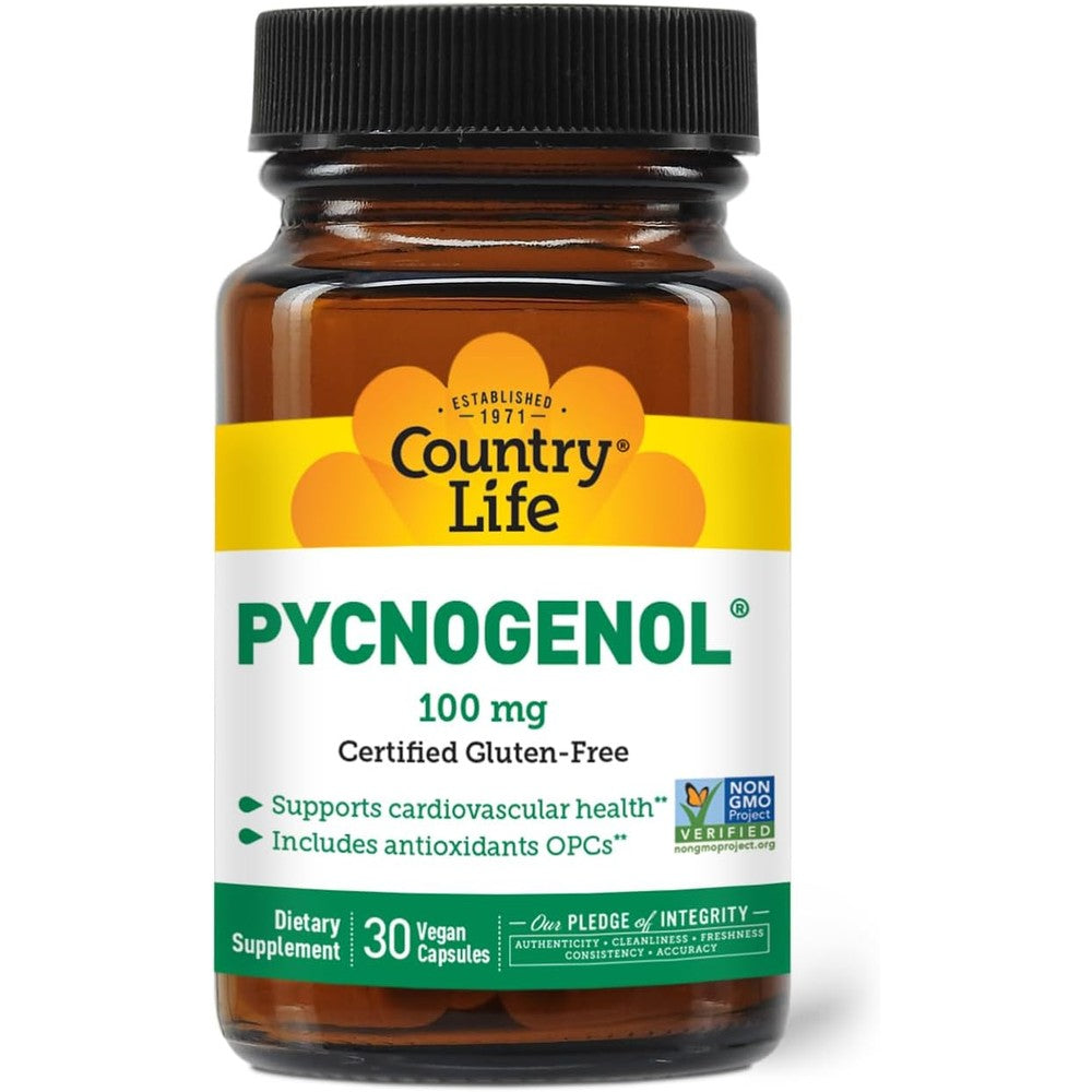 Country Life Pycnogenol 100mg front view showing the premium antioxidant supplement bottle.