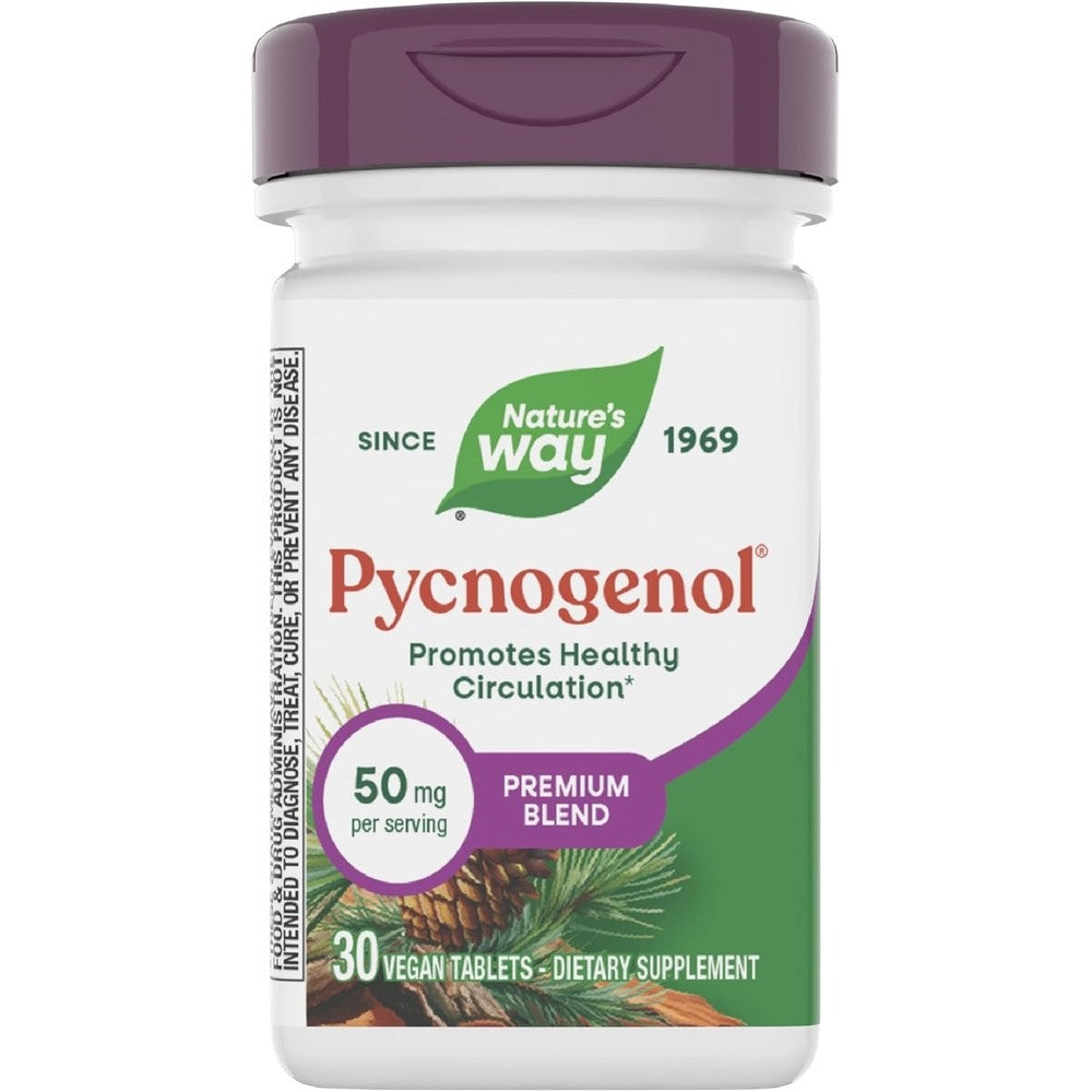 Nature's Way Pycnogenol 30 Vegan Tablets front view for vascular health support.