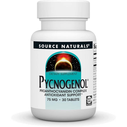 Source Naturals Pycnogenol 75 mg 30 Tablets front view bottle for antioxidant support