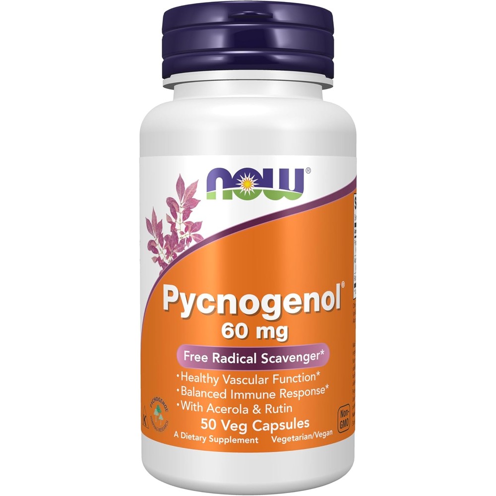 NOW Foods Pycnogenol 60 mg 50 Veg Capsules front view bottle