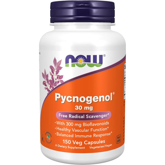 NOW Foods Pycnogenol 30mg 150 capsules front view showing antioxidant benefits