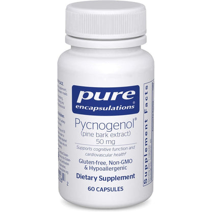 Pure Encapsulations Pycnogenol 50 mg bottle front view showing cognitive and cardiovascular support benefits