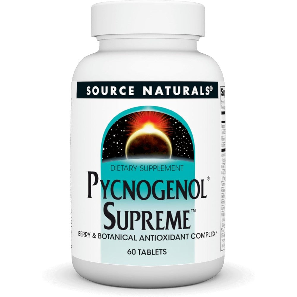 Source Naturals Pycnogenol Supreme 60 tablets front packaging view showing authentic antioxidant complex details.