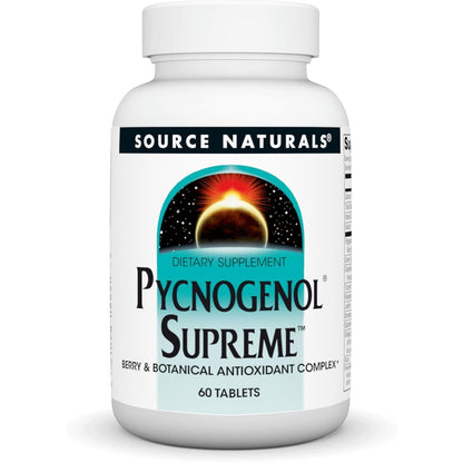 Source Naturals Pycnogenol Supreme 60 tablets front packaging view showing authentic antioxidant complex details.