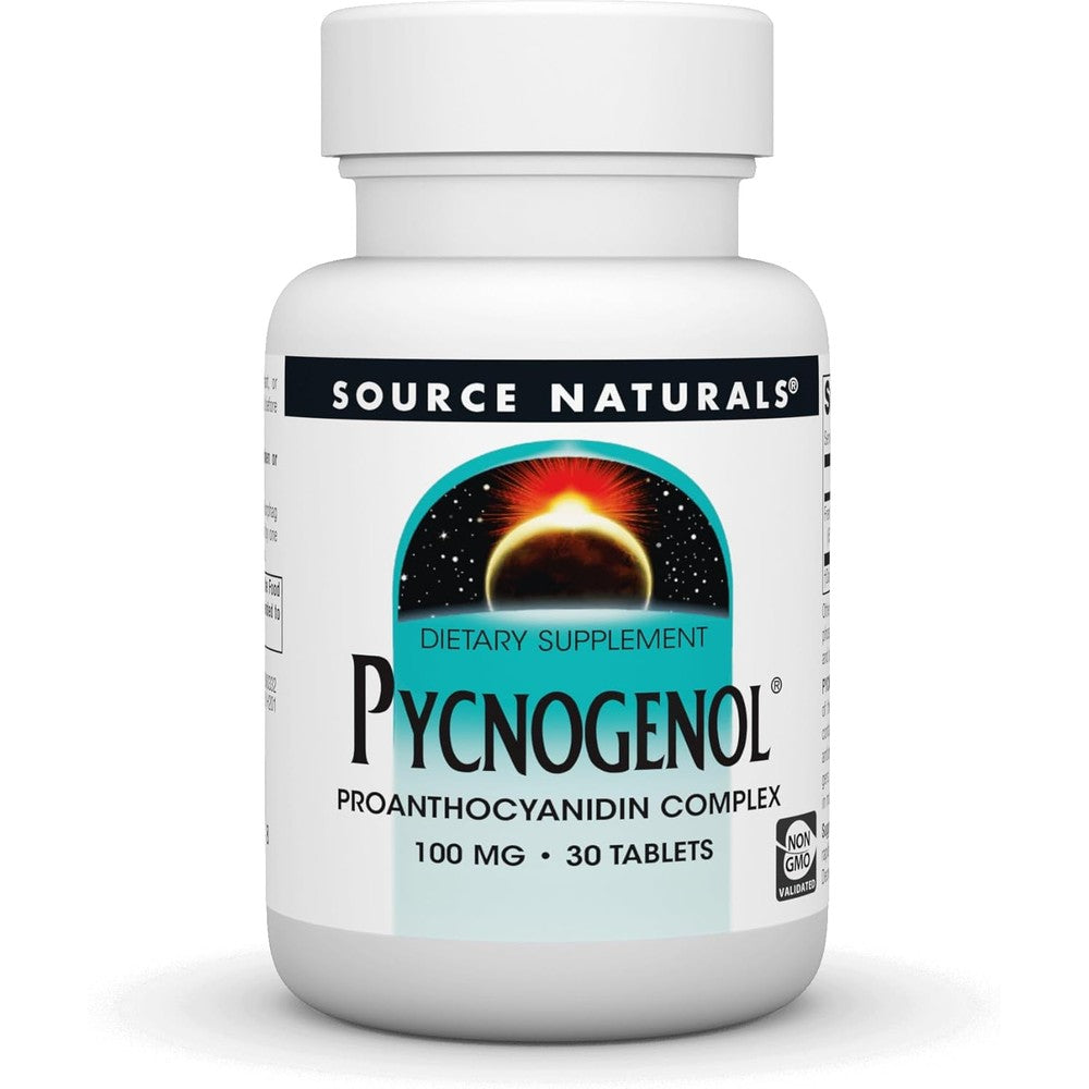 Source Naturals Pycnogenol 100 mg 30 Tablets front label view showing non-GMO validation.
