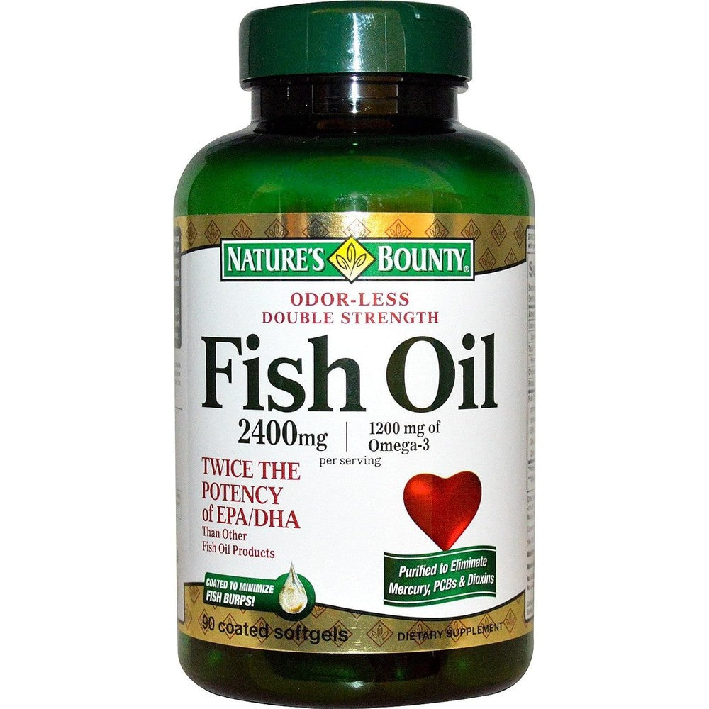 Nature's Bounty Fish Oil 2400 Milligrams Double Strength 90 Coated Softgels front view bottle showing omega three heart health benefits
