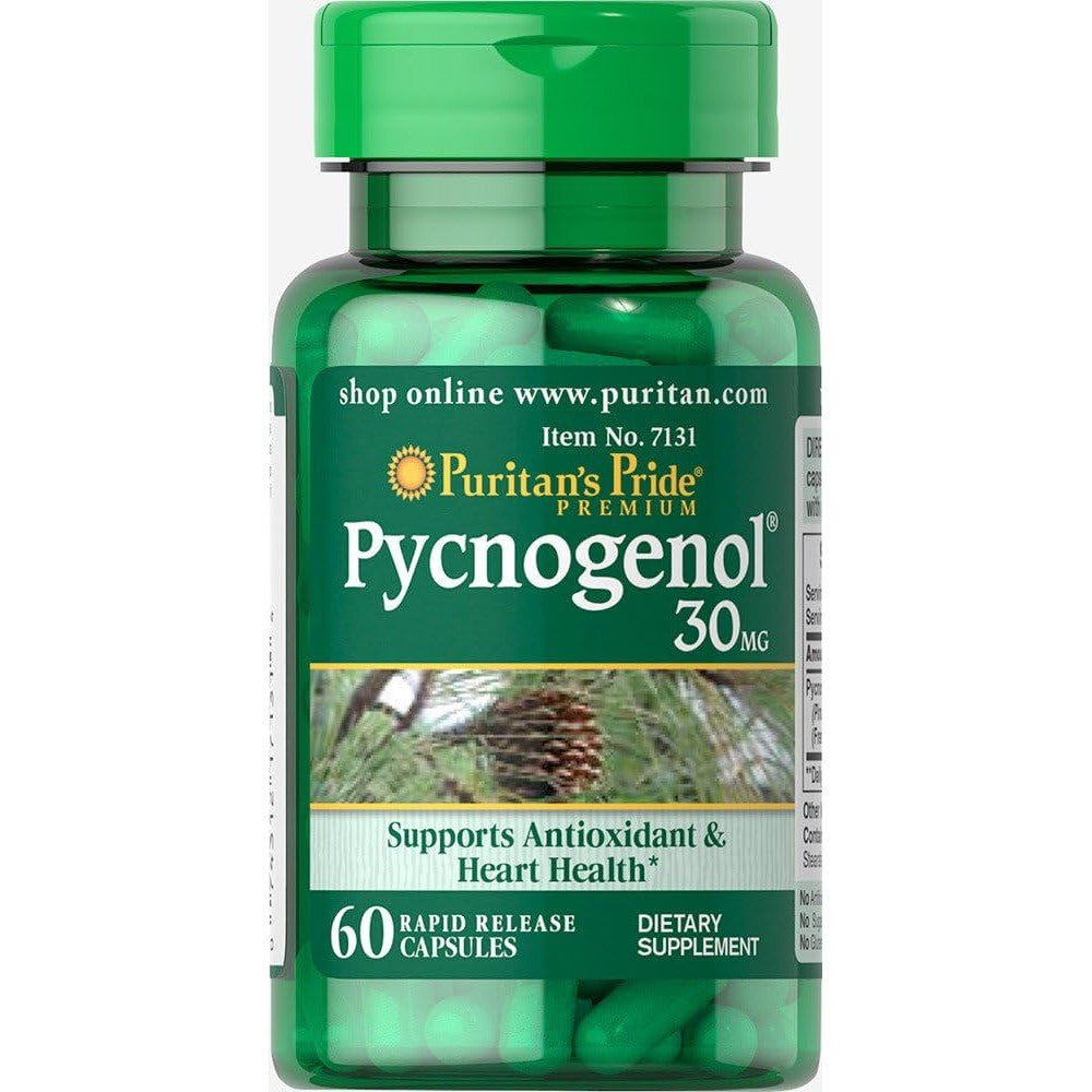 Puritan's Pride Pycnogenol 30 mg 60 capsules front view bottle showing premium French maritime pine bark extract antioxidant supplement