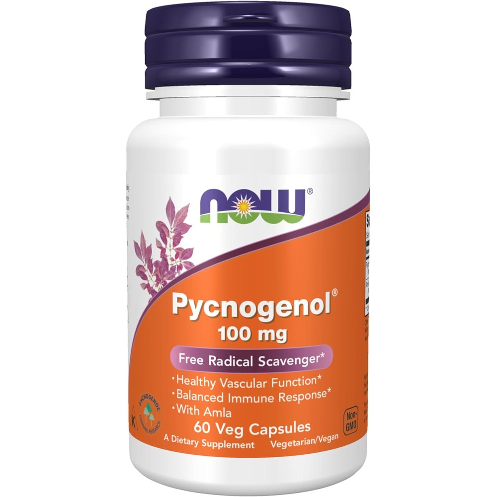 Now Foods Pycnogenol 100 Milligram vegetarian capsules front product bottle view