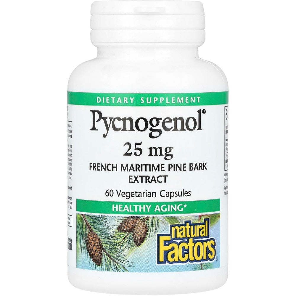 Natural Factors Pycnogenol 25 mg 60 Vegetarian Capsules front view bottle showing French maritime pine bark extract details