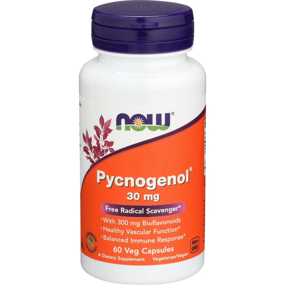 NOW Foods Pycnogenol 30mg bottle front view featuring the classic orange label and purple cap for antioxidant defense