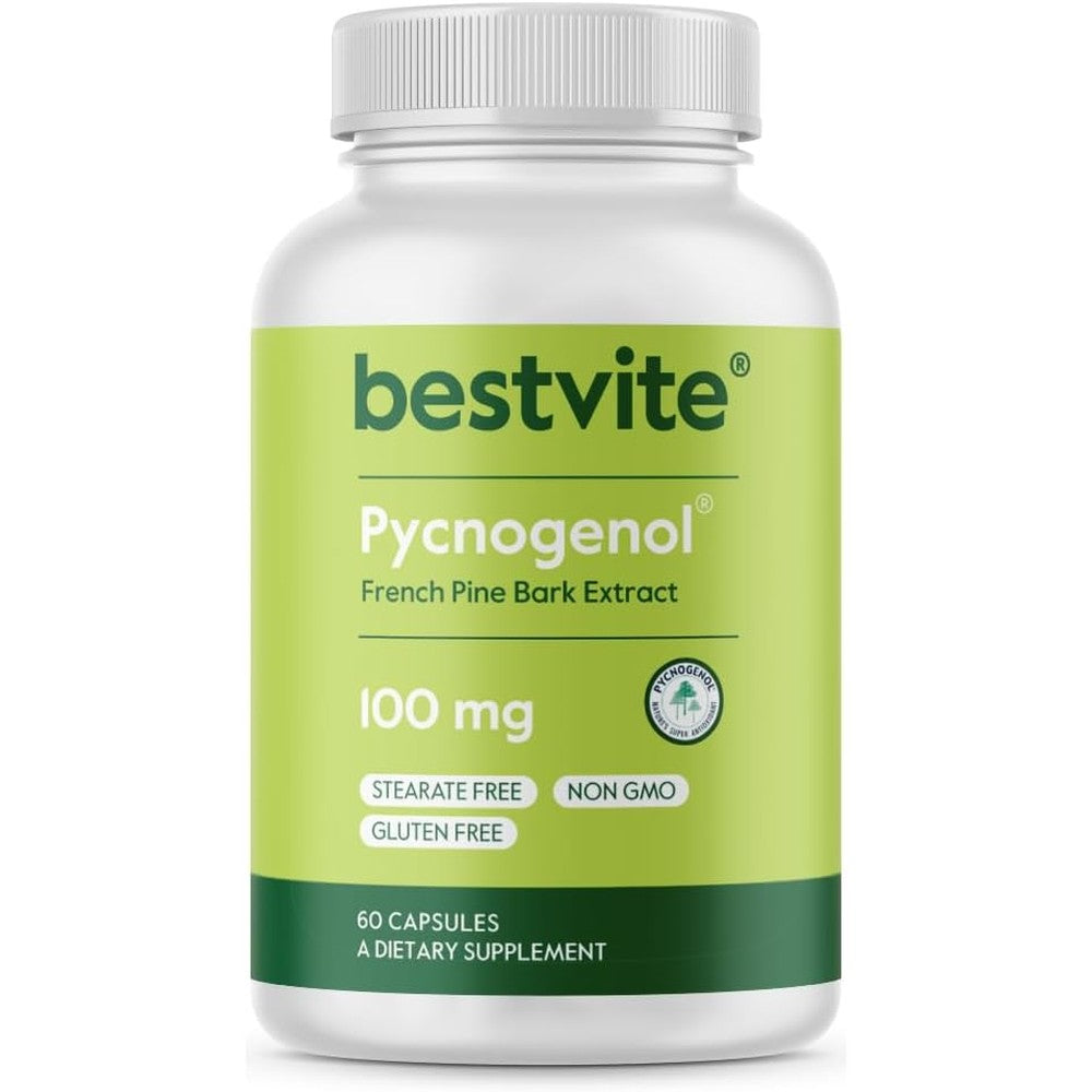 Bestvite Pycnogenol 100mg front bottle view featuring French Maritime Pine Bark Extract branding