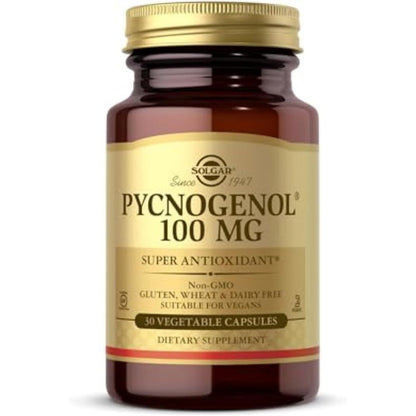 Solgar Pycnogenol 100 mg 30 Vegetable Capsules front bottle label view