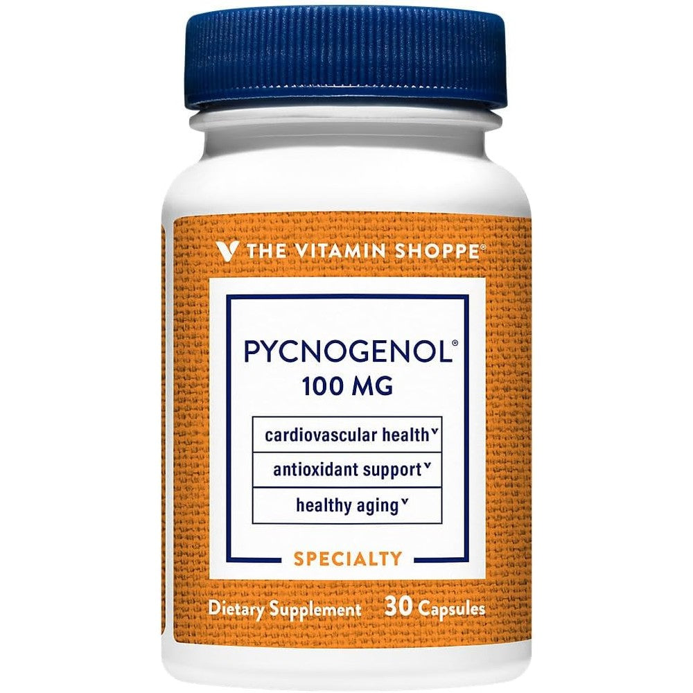 The Vitamin Shoppe Pycnogenol 100mg 30 Capsules front view bottle for premium antioxidant protection