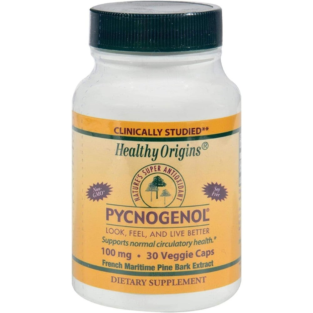 Healthy Origins Pycnogenol 100 mg 30 Vegetarian Capsules front bottle view for authentic antioxidant skin benefits