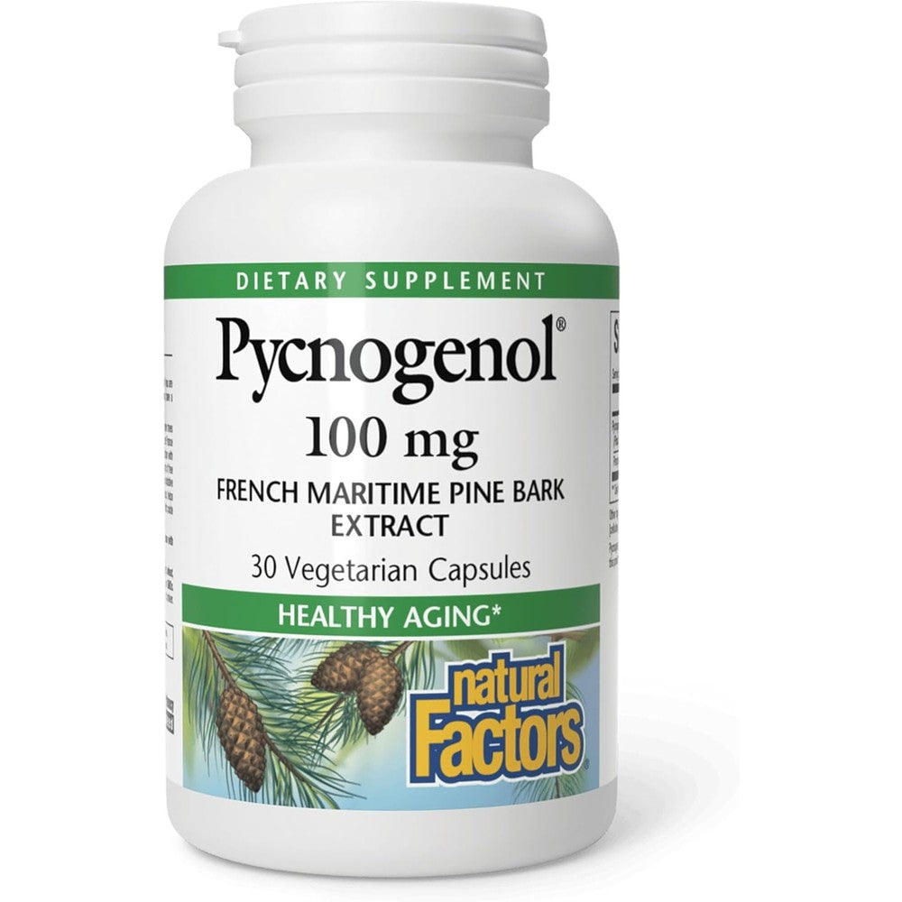 Natural Factors Pycnogenol 100 mg 30 Vegetarian Capsules front view bottle for healthy aging support