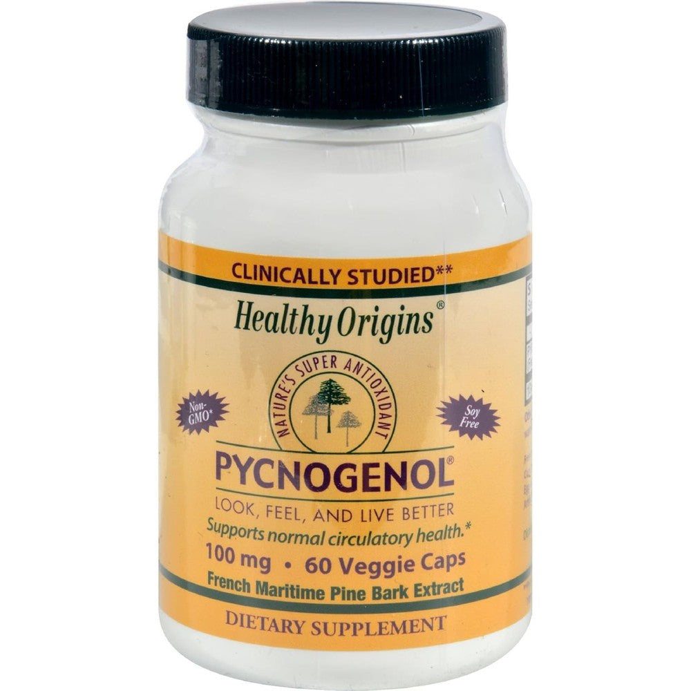 Healthy Origins Pycnogenol 100 mg 60 Vegetarian Capsules front view bottle showing French maritime pine bark extract description