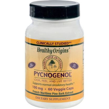 Healthy Origins Pycnogenol 100 mg 60 Vegetarian Capsules front view bottle showing French maritime pine bark extract description