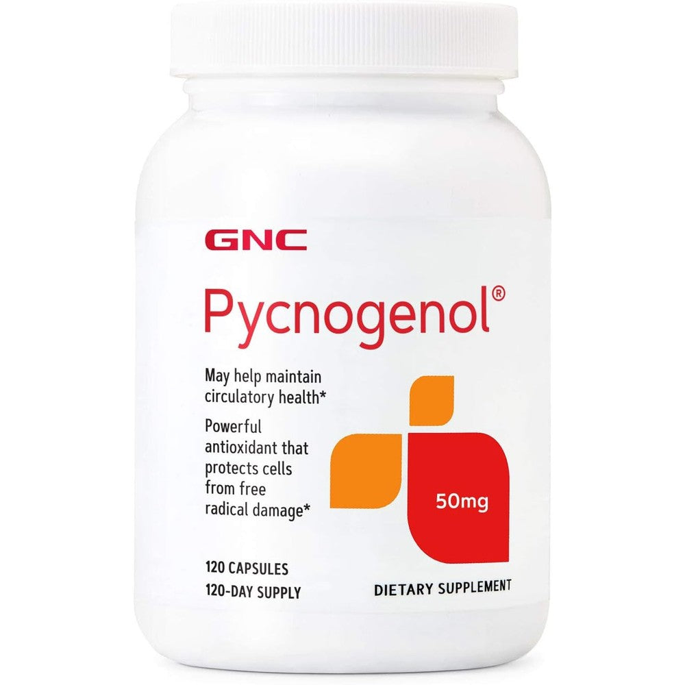GNC Pycnogenol 50mg 120 Capsules bottle front view for circulatory support
