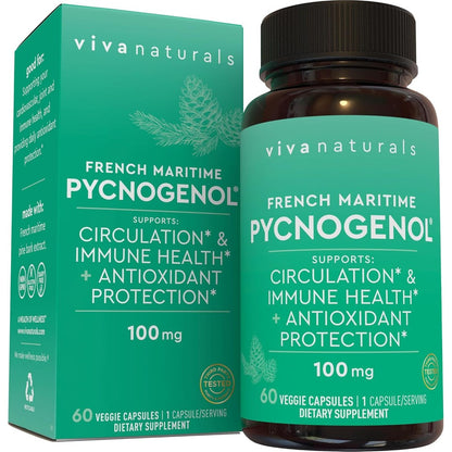 Viva Naturals Pycnogenol 100mg 60 veggie capsules front bottle view for antioxidant support.