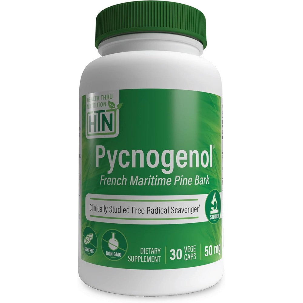Health Thru Nutrition Pycnogenol 50mg bottle front view showing clean vegan label
