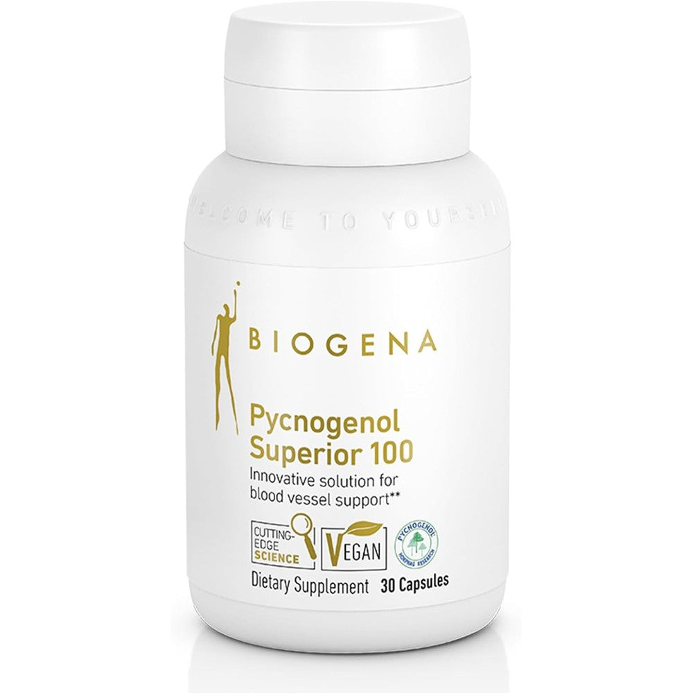Biogena Pycnogenol 100 mg Gold supplement bottle front view for premium circulation support.