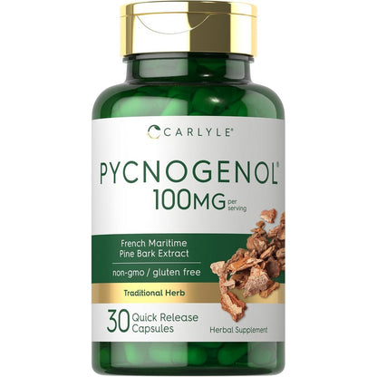 Carlyle Pycnogenol 100mg 30 capsules bottle front view for antioxidant support