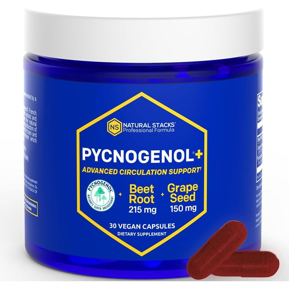 Natural Stacks Pycnogenol Plus 30 vegan capsules front bottle view for blood circulation support