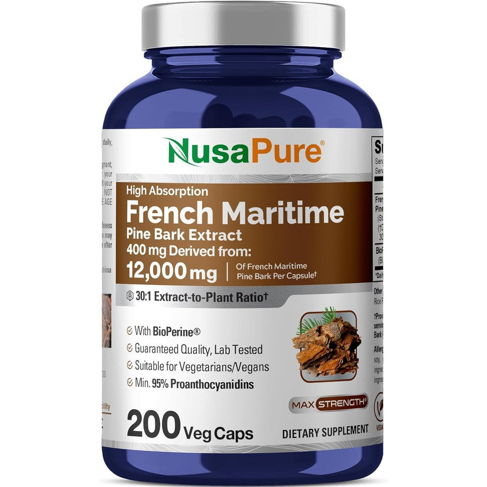 NusaPure French Maritime Pine Bark Extract 400 mg front view bottle for antioxidant support