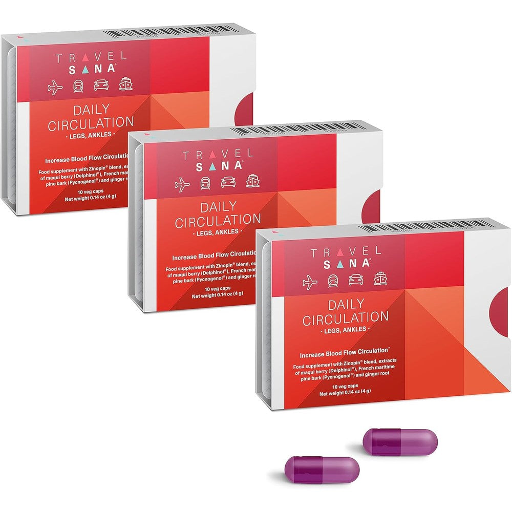 TRAVELSANA Daily Circulation 10 vegan capsules pack front view for travel leg swelling relief