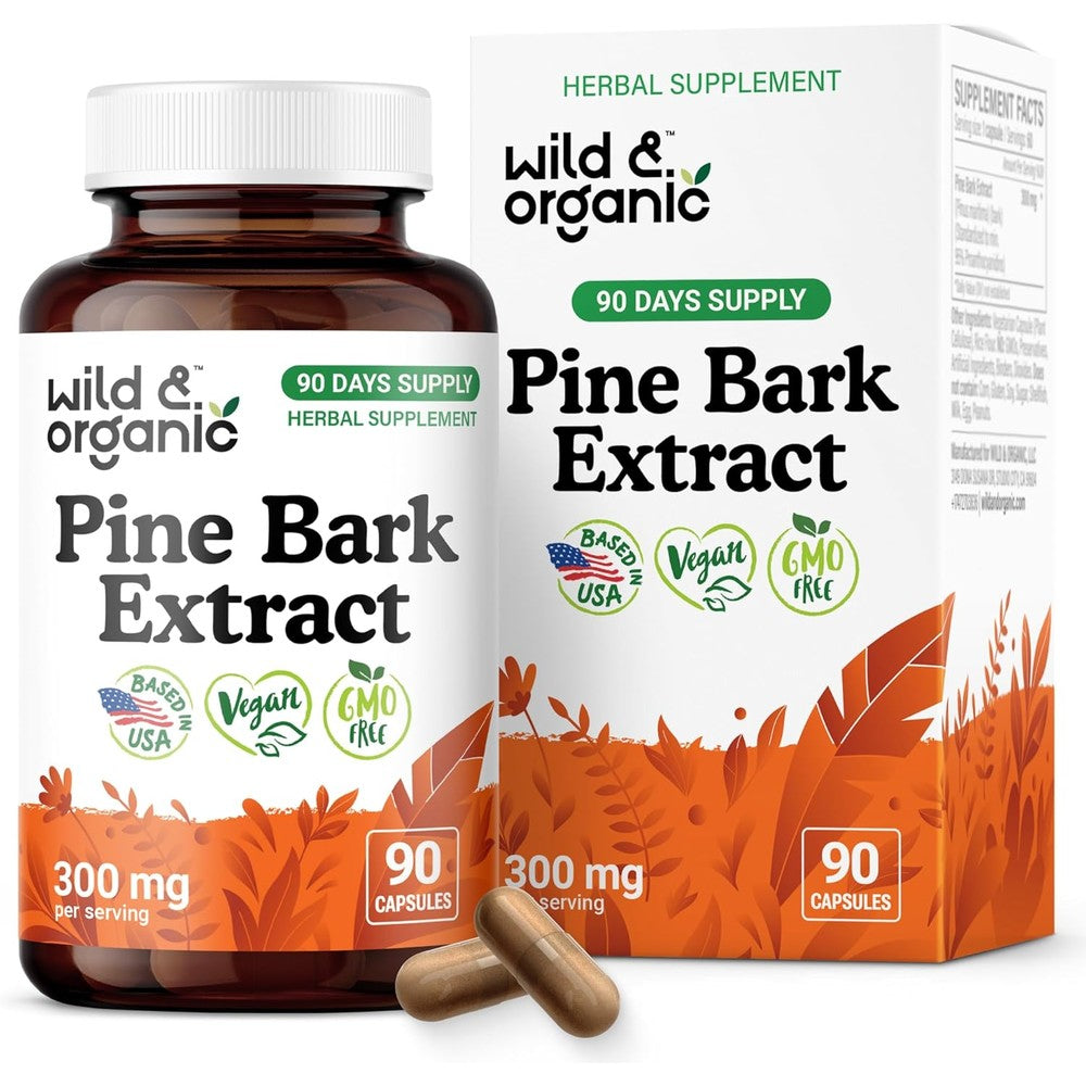 Wild and Organic Pine Bark Extract Capsules 300 mg front view bottle for antioxidant support.