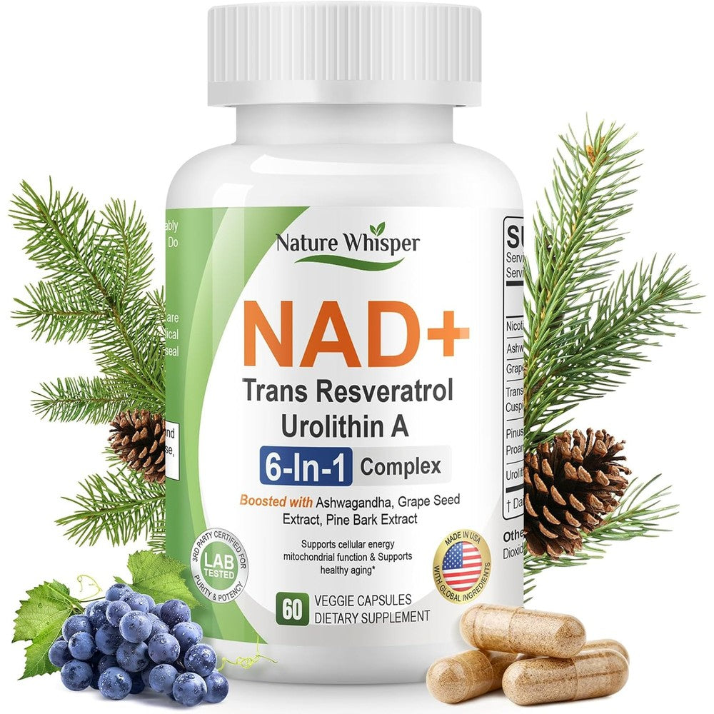 Nature Whisper NAD Plus Resveratrol supplement bottle front view for cellular energy.