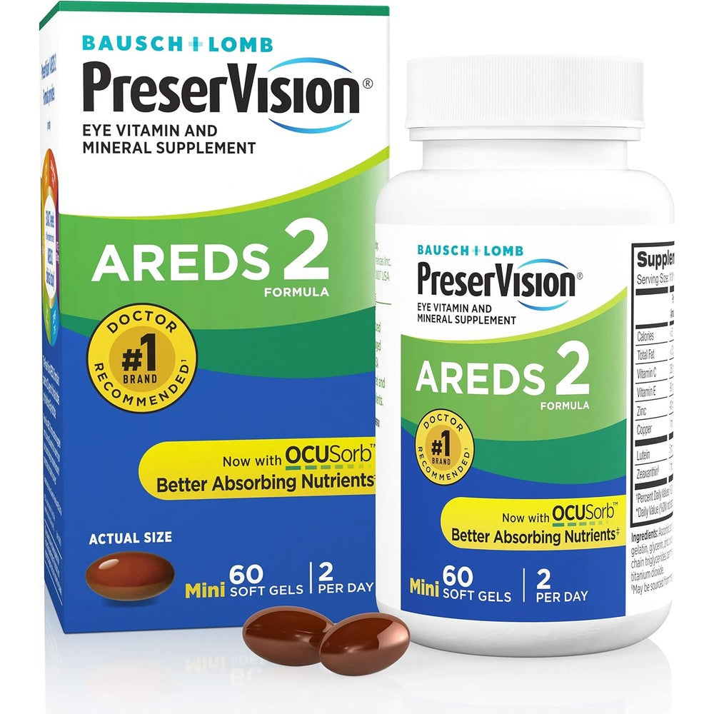 Bausch and Lomb PreserVision AREDS 2 eye vitamins sixty count bottle front view for macular health support.