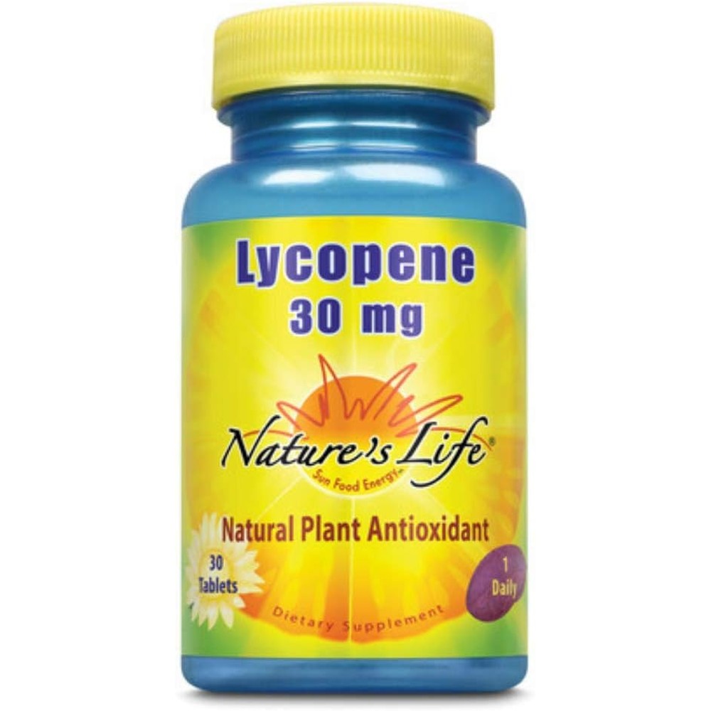 Nature's Life Lycopene 30 Milligrams 30 Tablets bottle front view showing antioxidant supplement labels