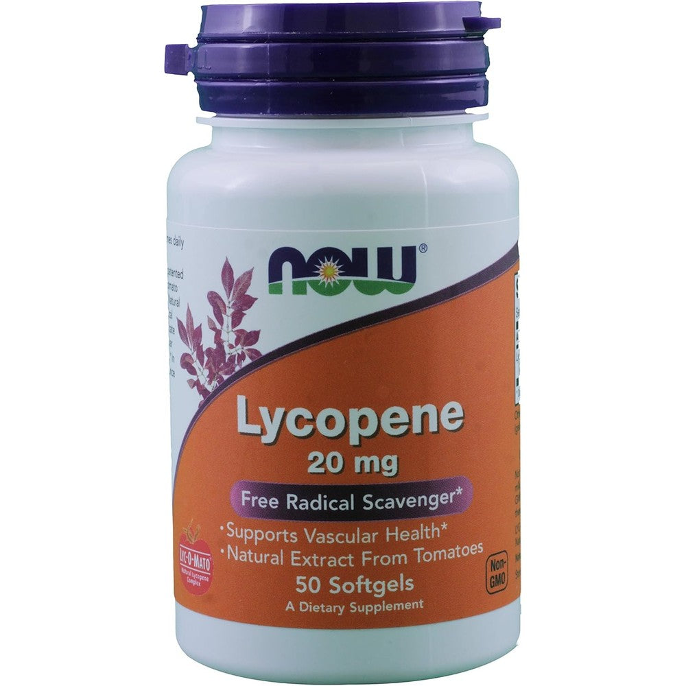 NOW Foods Lycopene twenty milligram fifty softgels two pack front view bottle highlighting free radical scavenger benefits.