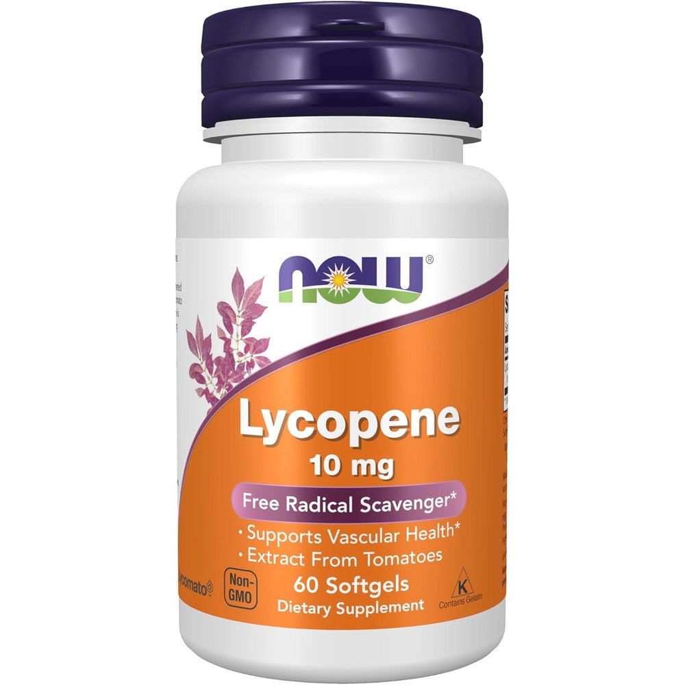 NOW Foods Lycopene 10 mg 60 Softgels front view bottle for vascular health support.