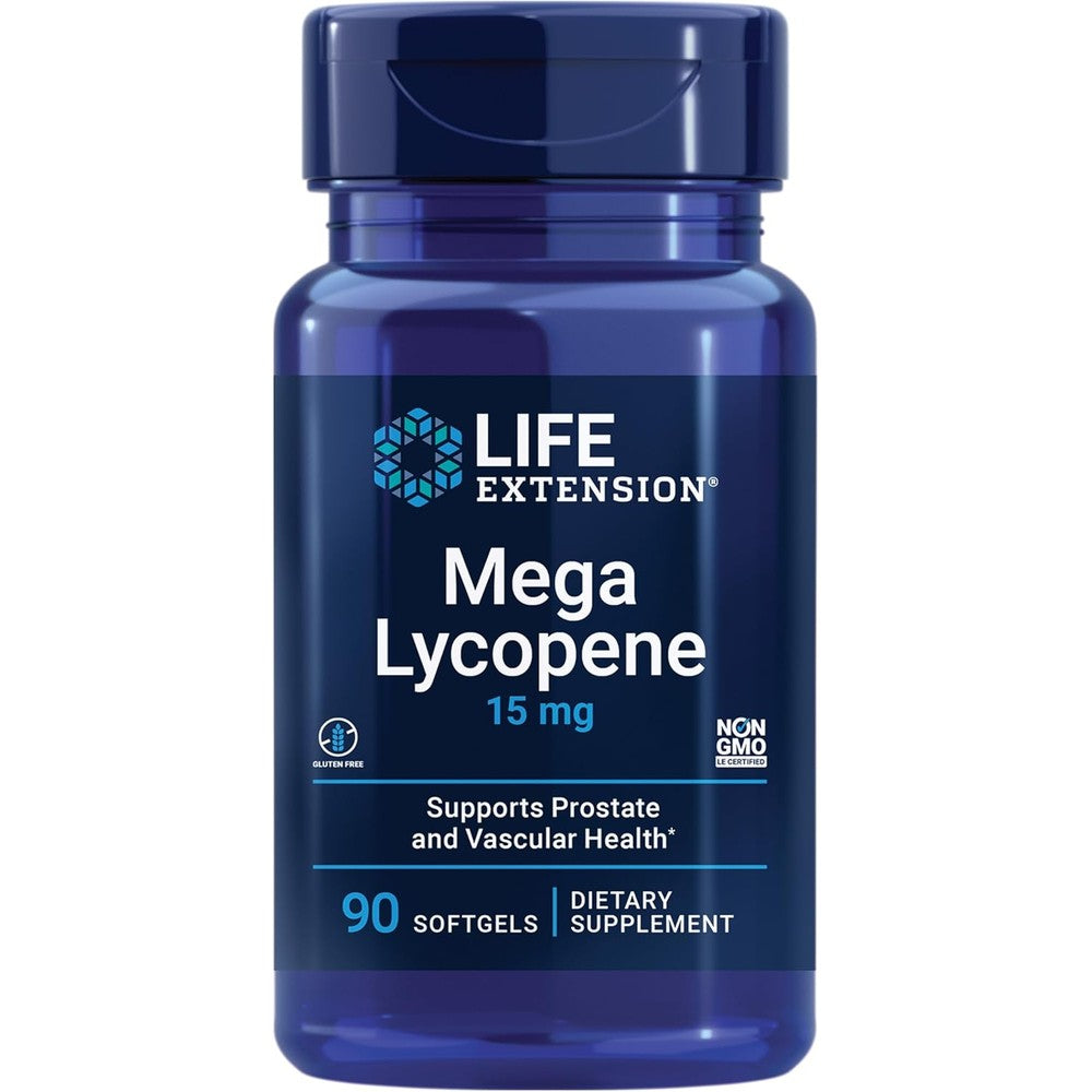 Life Extension Mega Lycopene Extract 90 softgels front view bottle for prostate health support