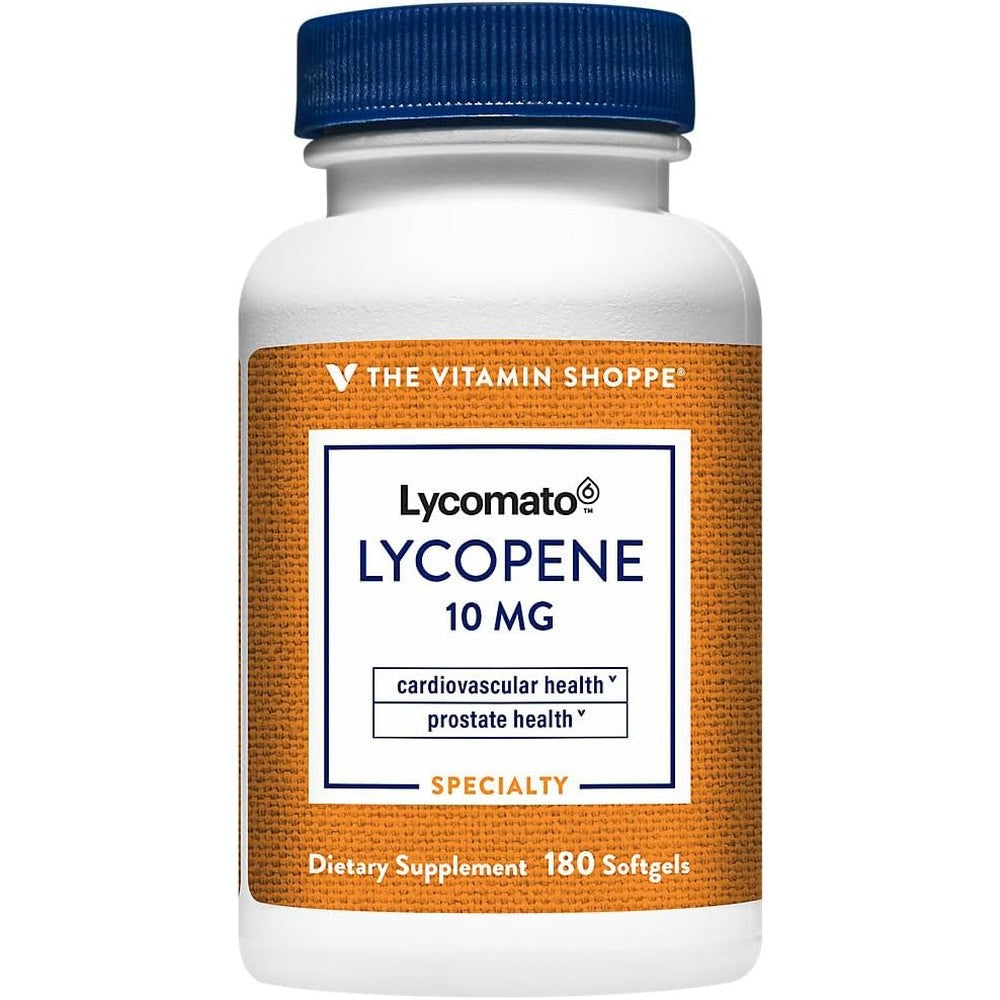 The Vitamin Shoppe Lycopene 10 Milligram front view bottle showing textured orange label