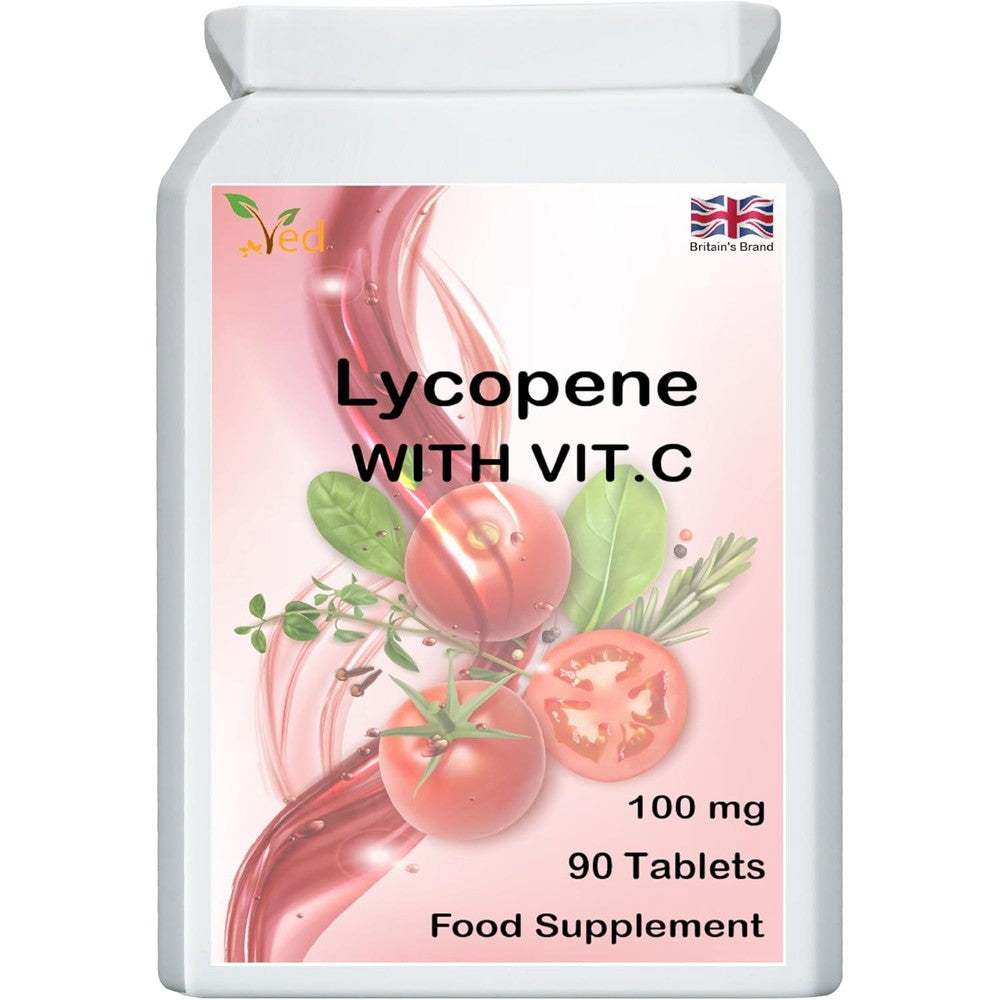 Ved Lycopene Supplement 100mg 90 Tablets front view bottle with tomato graphic
